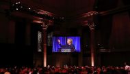 Democratic presidential nominee former Secretary of State Hillary Clinton is seen on a monitor as she speaks at Cipriani Club on September 9, 2016 in New York City. (Justin Sullivan/Getty Images/AFP)