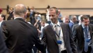 UEFA Presidential candidate, Slovenian Aleksander Ceferin (C) is pictured during the 12th Extraordinary UEFA congress in Lagonissi, some 40 kilometers south of Athens, on September 14, 2016.  AFP / ARIS MESSINIS