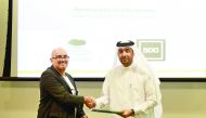 Dave McClure (left), Founding Partner, 500 Startups, and Dr Hamad Al Ibrahim, Executive Vice-President, QF R&D, and Chairman, Board of Directors, QSTP, exchanging documents after signing the MoU.