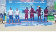 Men’s beach handball gold medallists, Qatar Team 1’s Samba and Pereira (centre), silver medallists Qatar Team 2’s Julio Junior and Ahmed Tijan Janko (right) and bronze medallists, Kazakhstan’s D Yakovlev and A Sidorenko on the podium during the Asian Beac