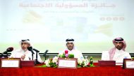 FROM LEFT:  Jaber Al Harmi, Editor-in-Chief of Al Sharq newspaper; Sheikh Thani bin Ali bin Saud Al Thani, award committee chairman and Mansoor Al Sayedi during the Press conference announcing Qatar CRS awards at Qatar Chamber, yesterday     (Abdul Basit 