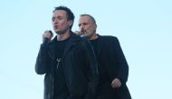 Miguel Bose and Fonseca perform during the 'RiseUp As One' concert at the Cross Border Xpress grounds in Otay Mesa, California on October 15, 2016. AFP / Sandy Huffaker