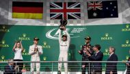 Oct 23, 2016; Austin, TX, USA; Mercedes driver Lewis Hamilton (44) of Great Britain celebrates winning the United States Grand Prix at the Circuit of the Americas. Mandatory Credit: Jerome Miron-USA TODAY Sports
