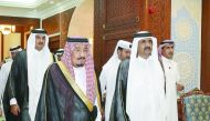 Emir H H Sheikh Tamim bin Hamad Al Thani and Father Emir H H Sheikh Hamad bin Khalifa Al Thani with the Custodian of the Two Holy Mosques King Salman bin Abdulaziz Al Saud of Saudi Arabia 