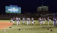 Chicago, IL, USA; The Cleveland Indians during a work out day before game three of the 2016 World Series at Wrigley Field. David Banks-USA TODAY Sports
