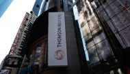This file photo taken on April 17, 2008 shows The logo of Thomson Reuters on their Times Square building in New York. Thomson Financial information group Thomson Reuters announced November 1, 2016 a new 