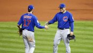 Chicago Cubs players Kris Bryant (17) and Anthony Rizzo (44) celebrate after game six of the 2016 World Series against the Cleveland Indians at Progressive Field. Charles LeClaire/USA TODAY Sports