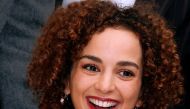 Moroccan-French author Leila Slimani reacts at the Drouant restaurant after she received the French literary prize Prix Goncourt for her novel 