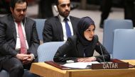 Alya Ahmed Saif Al Thani, the permanent representative of the State of Qatar to the UN, speaking on behalf of the Gulf Cooperation Council, addresses the UN Security Council meeting on the situation in Yemen, Feb. 12, 2015. (photo by United Nations, New Y