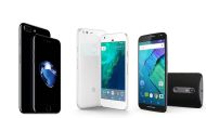 From left: iPhone 7 Plus, Google’s Pixel and Moto Z