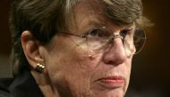 (FILES) This file photo taken on April 13, 2004 shows former US Attorney General Janet Reno listening to testimony during hearings on Capitol Hill in Washington DC. Janet Reno, the first female US attorney general and a lightning rod for Republican attack