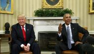 U.S. President Barack Obama (R) meets with President-elect Donald Trump to discuss transition plans in the White House Oval Office in Washington, U.S., November 10, 2016. REUTERS/Kevin Lamarque