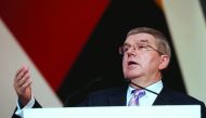 IOC President Thomas Bach addresses the ANOC gathering in Doha yesterday. 