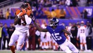 George Iloka #43 of the Cincinnati Bengals intercepts a ball intended for Tavarres King #15 of the New York Giants during the fourth quarter of the game at MetLife Stadium on November 14, 2016 in East Rutherford, New Jersey. New York Giants quarterback El