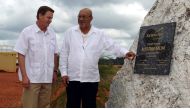 Suriname President Desi Bouterse and Gary Goldberg (L), chief executive officer of Newmont Mining Corporation, unveil a plaque during the opening ceremony of the Merian Gold Mine in Sipaliwini district, Suriname, November 17, 2016. REUTERS/Ranu Abhelakh