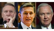 This combination of pictures created on November 18, 2016 shows (L to R)
US Representative from Kansas Mike Pompeo, Retired Lt. Gen. Michael Flynn and Senator Jeff Sessions. President-elect Donald Trump has chosen Jeff Sessions to be attorney general, Mi