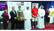 World Champion Karim Abdel Gawad (second left) of Egypt celebrates winning the Qatar Classic 2016 final in Doha yesterday. Gawad defeated World No.1 Mohamed El Shorbagy in the all-Egyptian final at the Khalifa International Squash Complex. Qatar Squash Fe