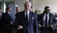 UN Syria envoy Staffan de Mistura arrives (C) arrives for a meeting with Syrian Foreign Minister in the capital Damascus, on November 20, 2016. Syria's government pounded rebel-held Aleppo with fresh fire on November 19, raising the civilian toll over 100