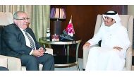 Foreign Minister H E Sheikh Mohammed bin Abdulrahman Al Thani with the Minister for Foreign Affairs and International Cooperation of Algeria Ramtane Lamamra, in Doha, yesterday.