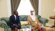 Deputy Prime Minister and Minister of State for Cabinet Affairs H E Ahmed bin Abdullah bin Zaid Al Mahmoud with the Minister of Mines, Industry and Energy of Equatorial Guinea, Gabriel M Obiang Lima, on the sidelines of his visit to Equatorial Guinea to c