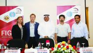 Ali Al Hitmi (centre), the President of the Qatar Gymnastics Federation (QGF), poses for a picture with Keith Russell, Takashi Kobayashi, Monem Jemni and Peggy Liddick, all FIG Experts, during an FIG coaching workshop hosted in Doha. Anis Mustafa is at ri