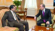 UN Secretary-General Ban Ki-moon with Qatar's Attorney General and UN Special Advocate for the Prevention of Corruption, H E Dr Ali bin Fetais Al Marri, in Vienna, yesterday. 