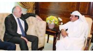 Minister of Transport and Communications H E Jassim bin Saif Al Sulaiti with the German State Secretary at the Federal Ministry for Economic Affairs and Energy, Matthias Machnig. They discussed topics of common interest in the fields of transport and comm