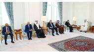 Prime Minister and Minister of Interior H E Sheikh Abdullah bin Nasser bin Khalifa Al Thani with heads of the Boards of Arab Federations of Chambers, on the occasion of their 123rd meeting in Doha. During the meeting, they discussed ways of enhancing econ