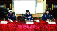 First Lieutenant Ahmed Al Musaifir, Lekhwiya; Lieutenant Colonel Mohammed Radi Al Hajri, Director of Media and Awareness; and Fahad Buhindi of the Traffic Department at a press conference on traffic arrangements on the occasion of the Qatar National Day c