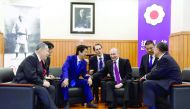 Russian President Vladimir Putin with Japanese Prime Minister Shinzo Abe, former premier Yoshiro Mori (left) and Vice Chairman of the All Japan Judo Federation Yasuhiro Yamashita (right) when they visit the Kodokan Judo Institute in Tokyo, yesterday.