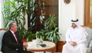 Prime Minister and Interior Minister H E Sheikh Abdullah bin Nasser bin Khalifa Al Thani with UK's Secretary of State for International Trade and President of the Board of Trade, Liam Fox, in Doha yesterday. They reviewed bilateral relations and ways of e