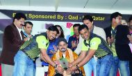 Former Indian pacer S Sreesanth is felicitated by organisers of the 3rd Nation Cup Cricket Tournament at the Old Ideal School Campus in Doha on Sunday. The four-day eight-over tennis ball cricket tournament will continue till December 22. 