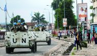 Peacekeepers serving in the United Nations Organization Stabilization Mission in the Democratic Republic of Congo (MONUSCO) patrol during demonstrations against Congolese President Joseph Kabila in Kinshasa, yesterday.