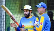 Pakistan cricket captain Misbah-ul-Haq (left) chats with coach Mickey Arthur during a practice session in Melbourne yesterday, ahead of their Boxing Day Test match against Australia.