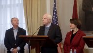 U.S. Senators Lindsey Graham, John McCain, and Amy Klobuchar (L-R) attend a news conference in Riga, Latvia December 28, 2016. Picture taken December 28, 2016. REUTERS/Ints Kalnins
