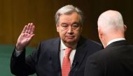(FILES) This file photo taken on December 12, 2016 shows Antonio Guterres (L) sworn in as UN secretary-general by the president of the General Assembly Peter Thomson December 12, 2016 at the United Nations in New York.  AFP / Eduardo Munoz Alvarez