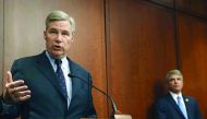Senator Sheldon Whitehouse (left) and House Homeland Security Chairman Michael McCaul, speak about cybersecurity during news conference on Capitol Hill, in Washington, DC, yesterday.