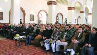 KABUL, AFGHANISTAN-JANUARY 05: Afghan President Mohammad Ashraf Ghani (7th R), First Lady Lurra Ghani (6th R) and Chief Executive Abdullah Abdullah (8th R), participate and delivers their remarks in the ceremony of “Celebrating the anniversary of the Afgh