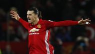 Manchester United's Zlatan Ibrahimovic celebrates scoring their first goal. (Reuters / Jason Cairnduff)