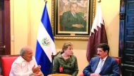 H E Dr Hamad bin Abdulaziz Al Kawari with President of El Salvador, Sanchez Ceren, at the Presidential Palace in San Salvador.