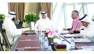 Qatar Football Association (QFA) President Sheikh Hamad bin Khalifa bin Ahmed Al Thani (centre) chairing a meeting of Arab Gulf Cup Football Federation's (AGCFF) Emergency Committee at Al Bidda Tower in Doha.  Marwan Ahmad bin Ghalita, President of the UA
