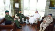 Minister of State for Defence Affairs H E Dr Khalid bin Mohamed Al Attiyah with the GCC Assistant Secretary-General for Military Affairs Major-General Khalifa Hamid Al Kaabi, who approaches the end of his term in office, in Doha yesterday. Chief of Staff 