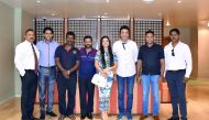 Popular Sri Lankan artistes Saranga Disasekara, Visharad Manoj Peiris, Ravindra Randeniya, Sachini Ayendra, television personality Hishan Sameera and Executive Producer of popular Sri Lankan TV programme Chat and Music, Chaminda pose for a photograph with