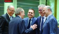 Malta's Finance Minister Edward Scicluna, Italy's Finance Minister Pier Carlo Padoan, Slovakia's Finance Minister Peter Kazimir, Luxembourg's Finance Minister Pierre Gramegna and European Economic and Financial Affairs Commissioner Pierre Moscovici (L-R) 