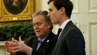 White House chief strategist Steve Bannon (L) and senior advisor Jared Kushner speak after U.S. President Donald Trump signed an executive order at the White House in Washington, U.S. February 3, 2017. REUTERS/Kevin Lamarque
