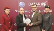 Group Chief Executive Officer of Qatar Airways Akbar Al Baker presented with the anna.aero “Platinum Planet Prize” for the world’s longest non-stop commercial air service on arrival at Auckland by the anna.aero’s New Route Editor Jonathan Ford