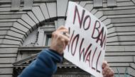 SAN FRANCISCO, CA - FEBRUARY 7: Opponents of U.S. President Donald Trump's executive order imposing a temporary immigration ban on seven Muslim-majority nations protest outside a federal appeals court February 7, 2016 in San Francisco, California. Elijah 