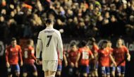 TOPSHOT - Real Madrid's Portuguese forward Cristiano Ronaldo walks after a goal by Osasuna during the Spanish league football match CA Osasuna vs Real Madrid CF at El Sadar stadium in Pamplona on February 11, 2017. / AFP / ANDER GILLENEA
