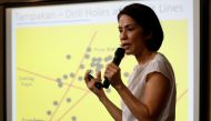 Philippine Environment Secretary Regina Lopez speaks in front of a chart on mining issues during a press briefing in Manila, Philippines February 9, 2017. REUTERS/Erik De Castro
