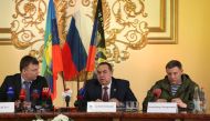 (From L) Alexander Hug, the principal deputy chief of the group's special monitoring the mission to Ukraine, Prime Minister of the Pro-Russian self proclaimed 